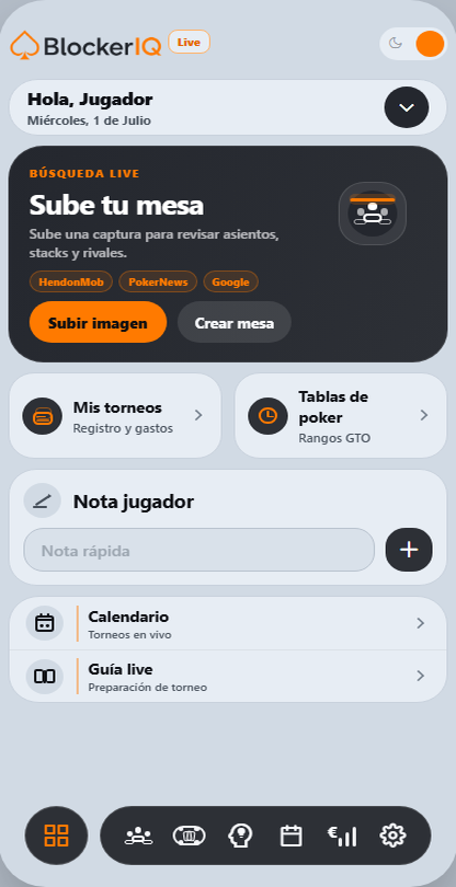 Pantalla principal de BlockerIQ Live con subida de mesa, torneos, jugadores, notas y calendario